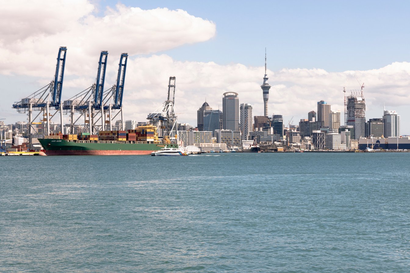 Port of Aucklandn with the Skytower on the North Island of New Zealand